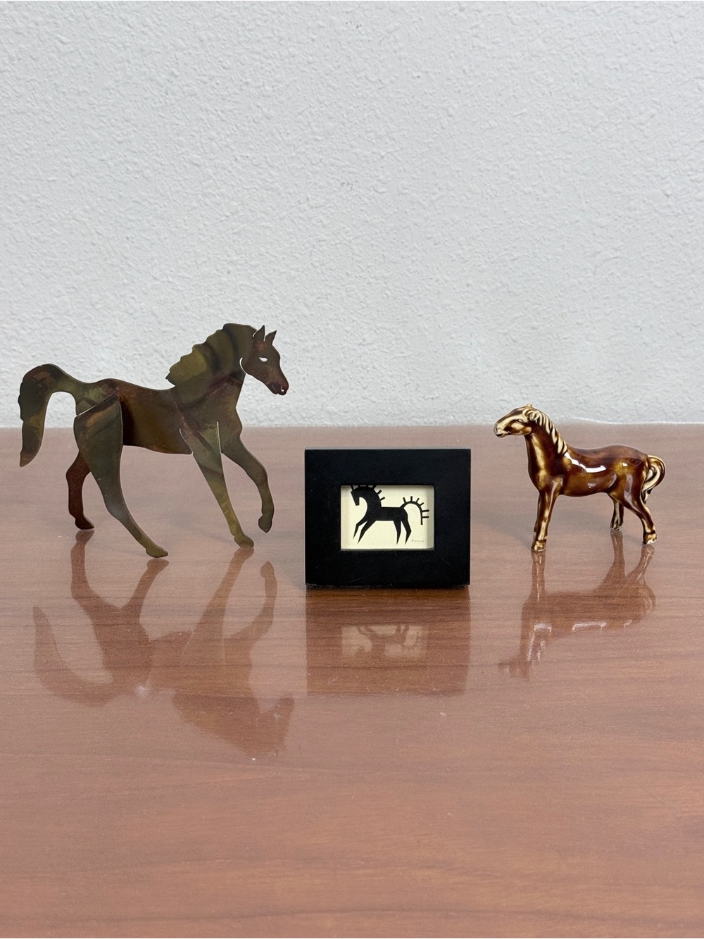 Vintage 3-Piece Small Horse Figurines: Metal, Mini Framed Art & Glazed Ceramic